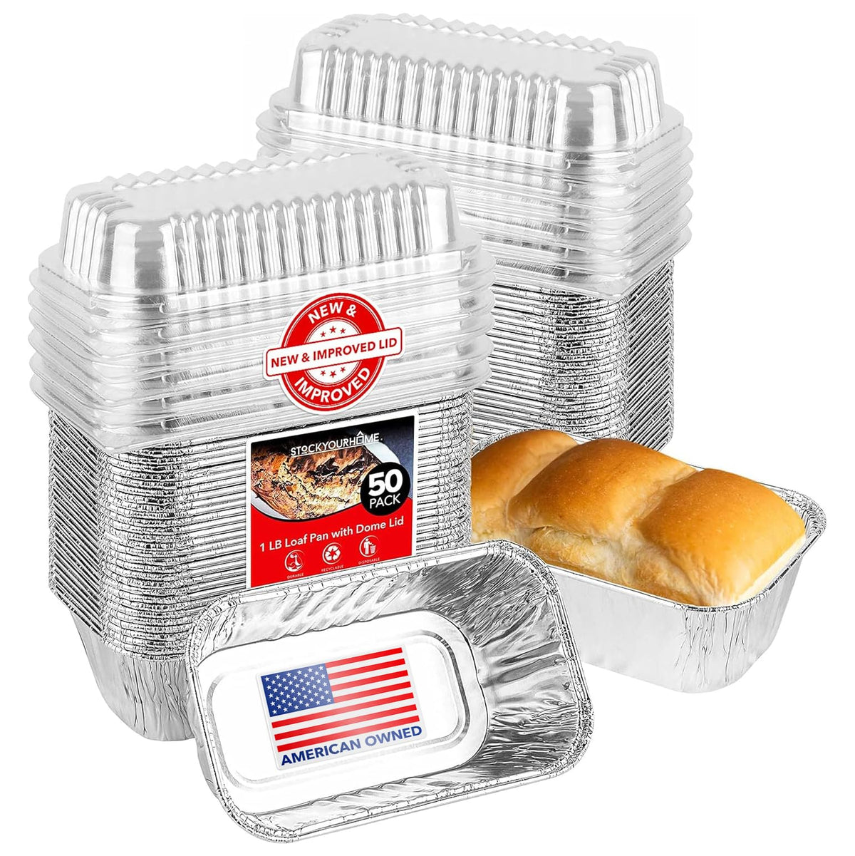 Stock Your Home Pans + Lids / 50 Pack / Silver Loaf Pans