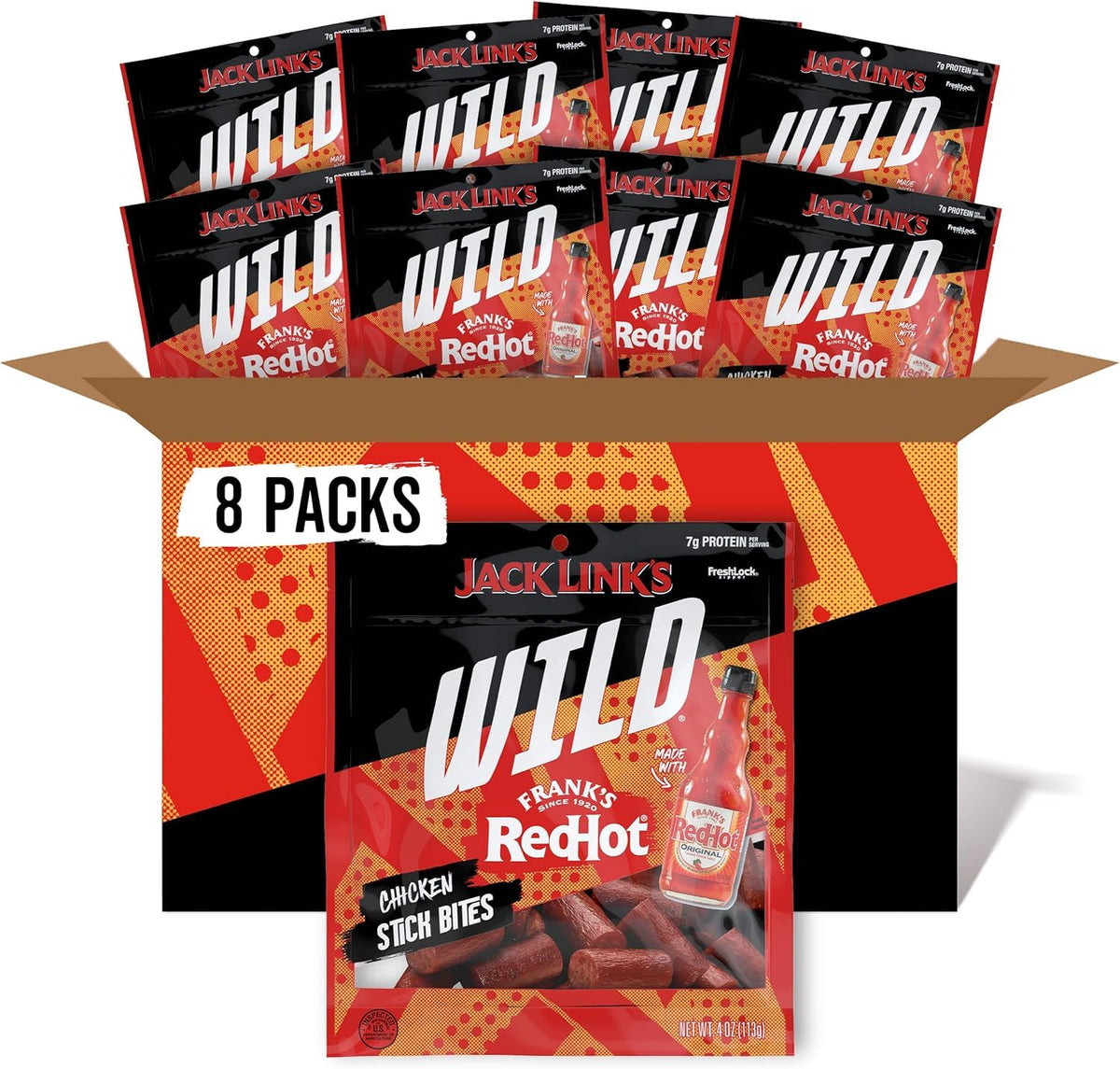 WILD Frank's RedHot Mini Chicken Stick Bites - (8 Count) 4 oz by Jack Link's – 4 Ounce (Pack of 8), Pack of 8, Model 10000044471
