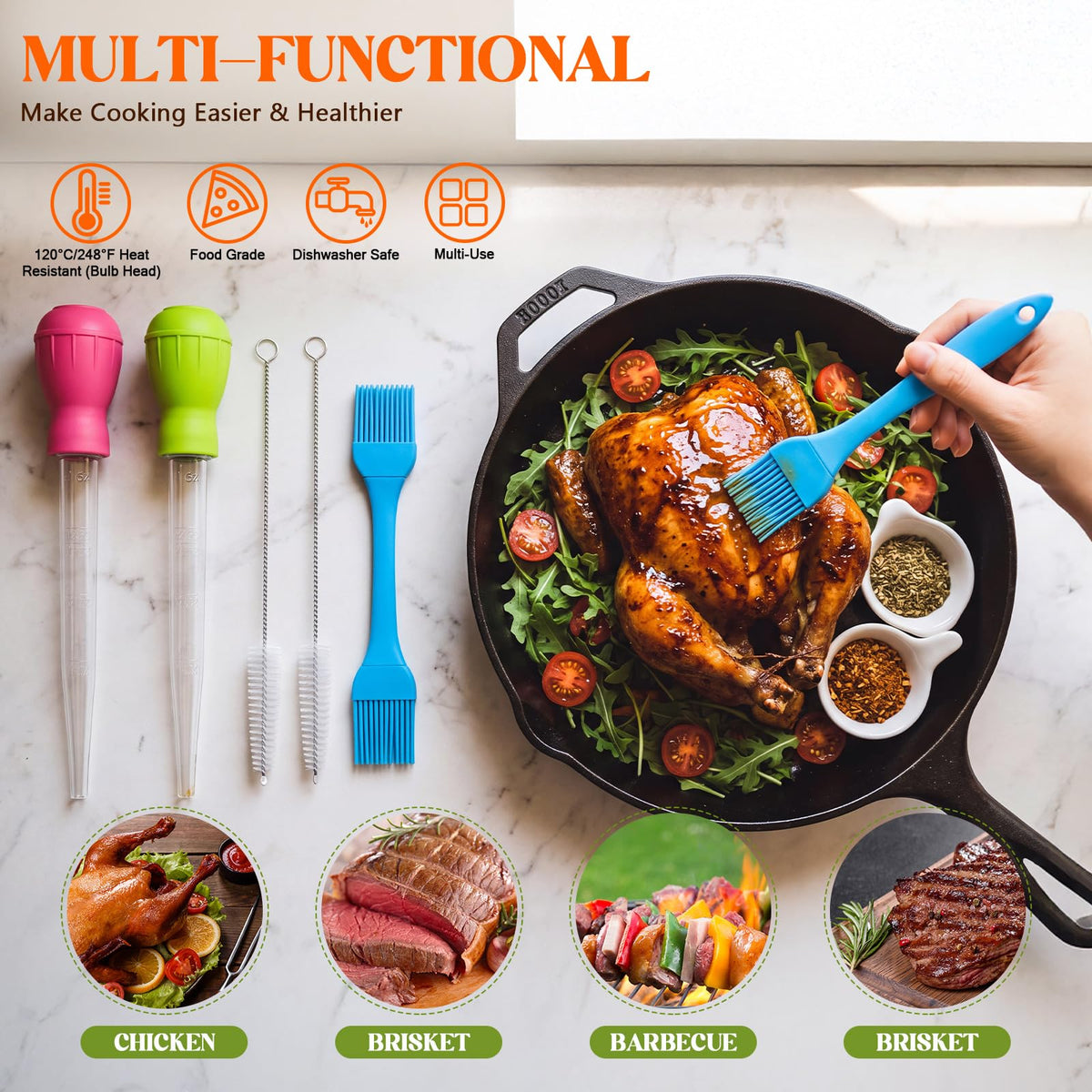 Boao Turkey Baster Set, 5 Piece with Silicone Brush, Rose and Green