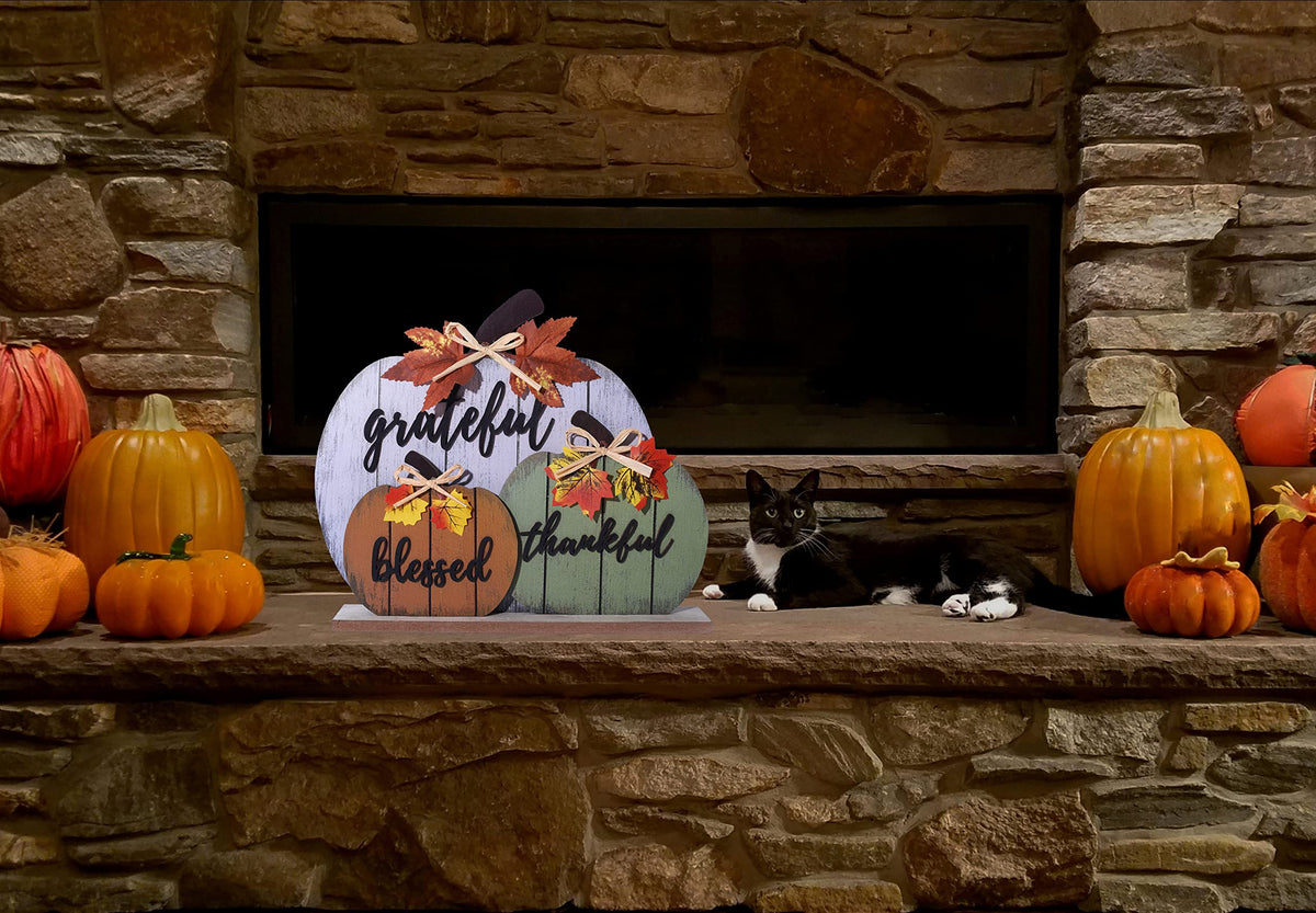 Cynosa Wooden Pumpkin Table Sign, Blessed Grateful Thankful, Yellow