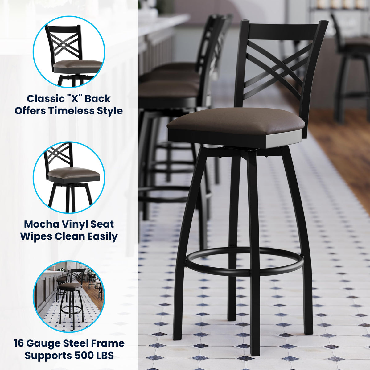 Flash Furniture Mocha Vinyl Seat/Black Metal Frame / Set of 1 / Traditional Barstools