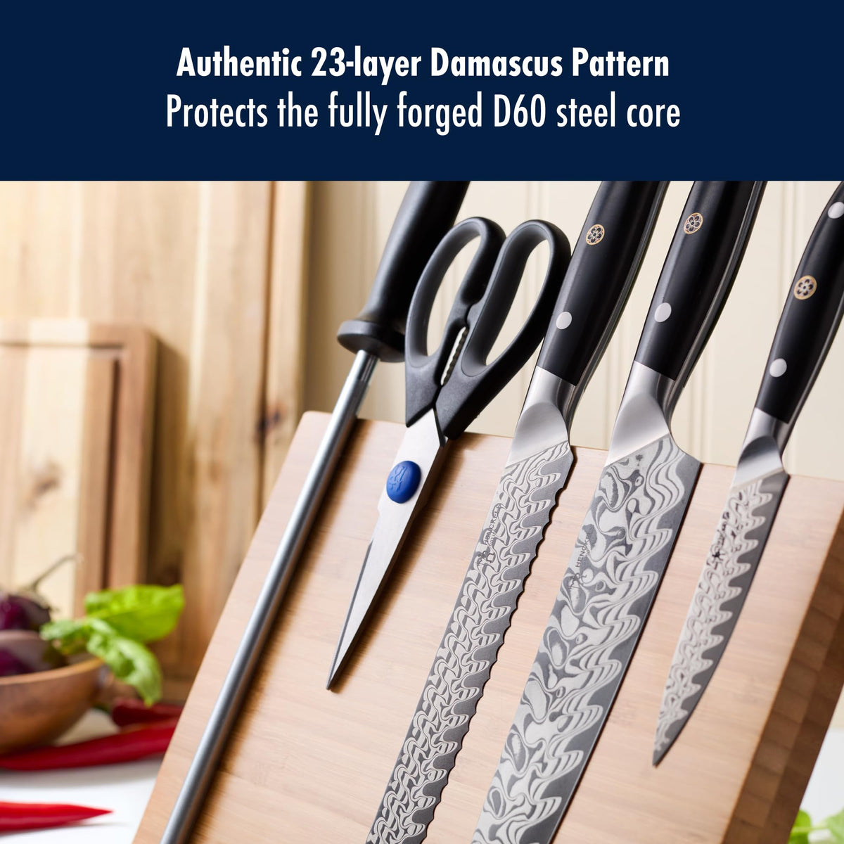 Compass Damascus 6-pc Magnetic Easel Damascus Knife Set by HENCKELS – 8", Steel, Natural, Model 1030972