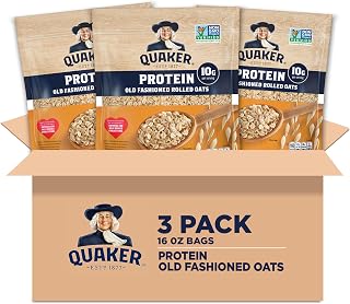 Quaker Protein Old Fashioned Rolled Oats, 10g Protein per Serving, Whole Grains, No Preservatives, No Artificial Flavors, 16 oz Bag (Pack of 3)