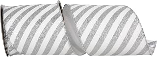 Reliant Ribbon Stripes Diagonal Glitter Bling Wired Edge, White/Silver, 4 Inch, 10 Yards
