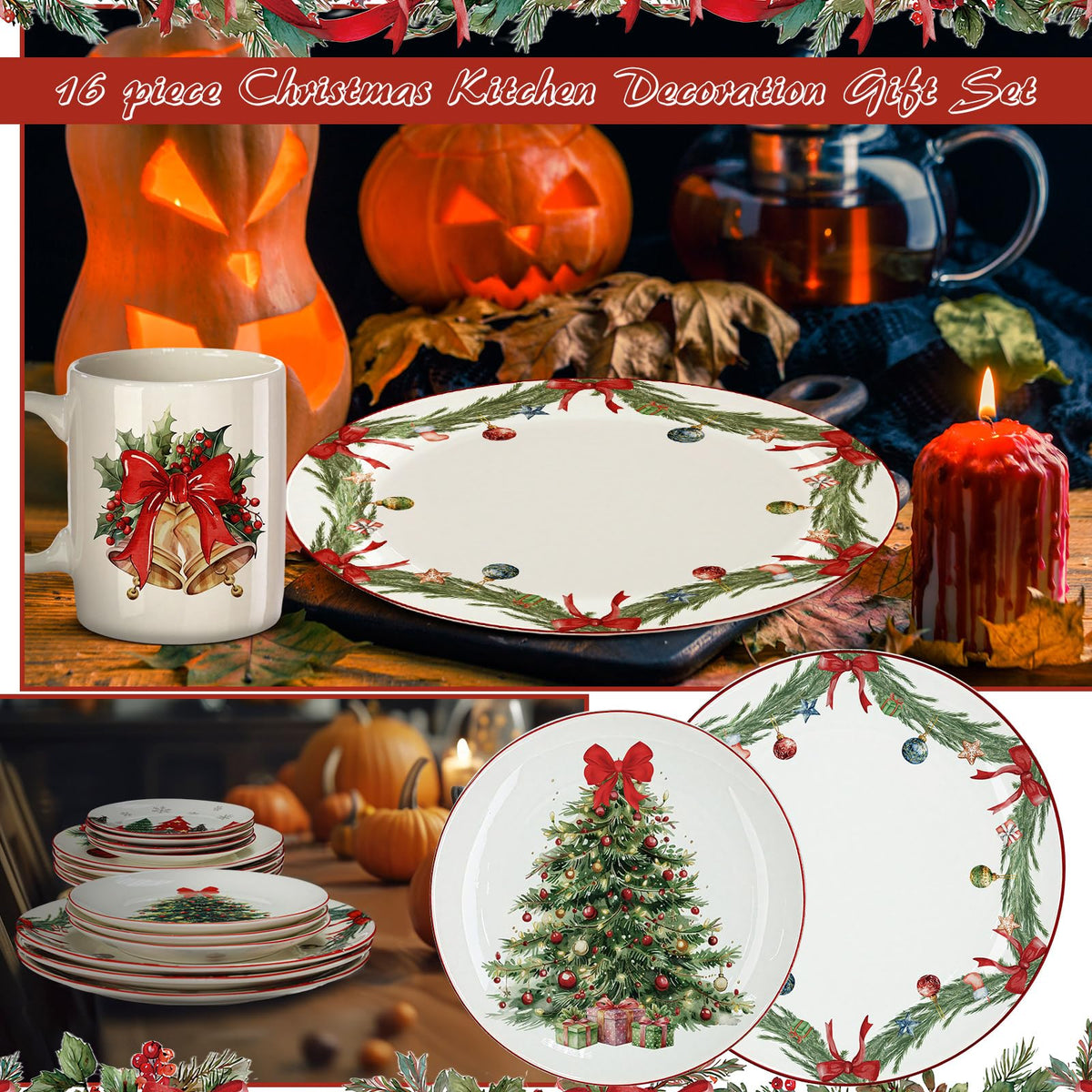 Pickmesh Christmas Dinnerware Set, 16 Piece Ceramic Service for 4