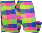 Reliant Ribbon Celine Check Ticking Woven Wired Edge Ribbon, Citrus/Fuchsia