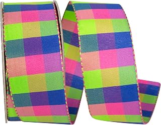 Reliant Ribbon Celine Check Ticking Woven Wired Edge Ribbon, Citrus/Fuchsia