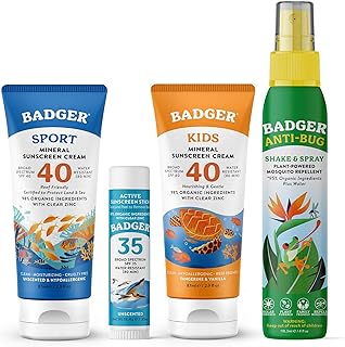 Badger Sun & Bug Bundle - SPF 40 Sport Mineral Sunscreen, SPF 40 Kids Sunscreen, SPF 35 Face Sunscreen Stick, and Bug Spray, Reef-Friendly Sunscreen with Zinc Oxide and DEET-Free Insect Repellent