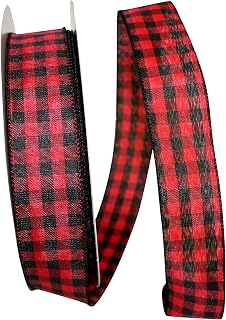 Reliant Ribbon Hilltop Cabin Buffalo Check Value Wired Edge Ribbon, 1-1/2 Inch X 50 Yards, Black/red