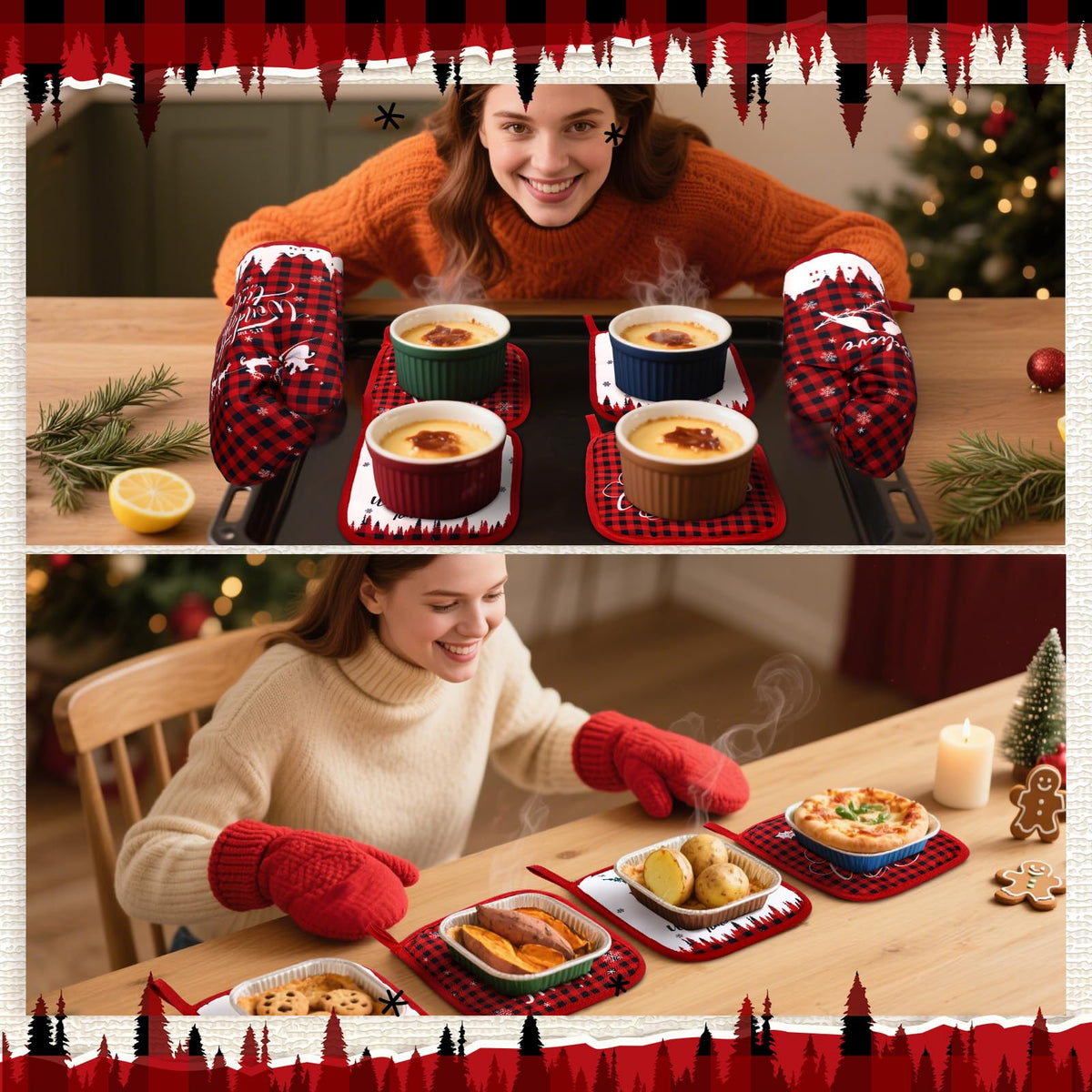 SiliFine Christmas Kitchen Set, 12 Pieces with Towels, Mitts and Pot Holders, Multicolor