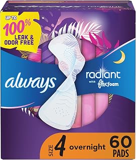 Always Radiant With FlexFoam Pads For Women, Size 4, Overnight Absorbency With Wings, Light Clean Scent, 60 Total Count (3 Packs of 20 Count)