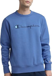 Champion Men’s Powerblend Crewneck Sweatshirt,Classic Script Logo, Coastal Fjord - Classic Script Logo, Large