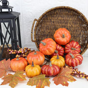 Cheawrtz Artificial Pumpkins, 16 Piece Foam Set, Orange Yellow Red with Berries and Leaves