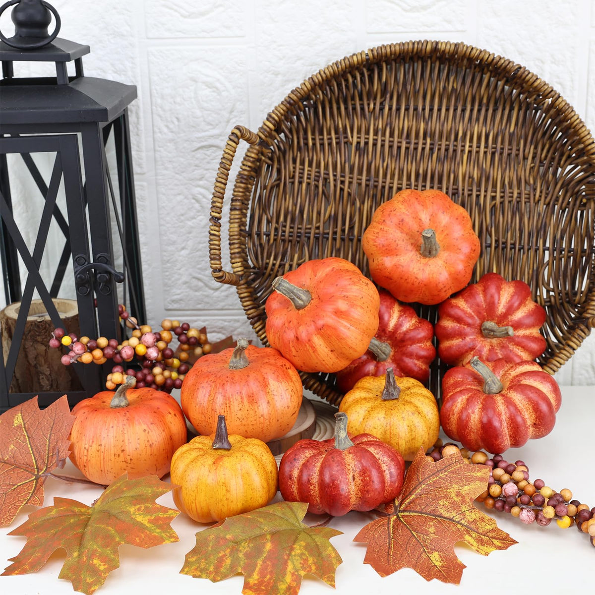 Cheawrtz Artificial Pumpkins, 16 Piece Foam Set, Orange Yellow Red with Berries and Leaves