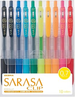 Zebra Technologies Zebra Sarasa Clip Gel Ink Ballpoint Pen, 0.7mm, 10 Color Set (JJB15-10CA)