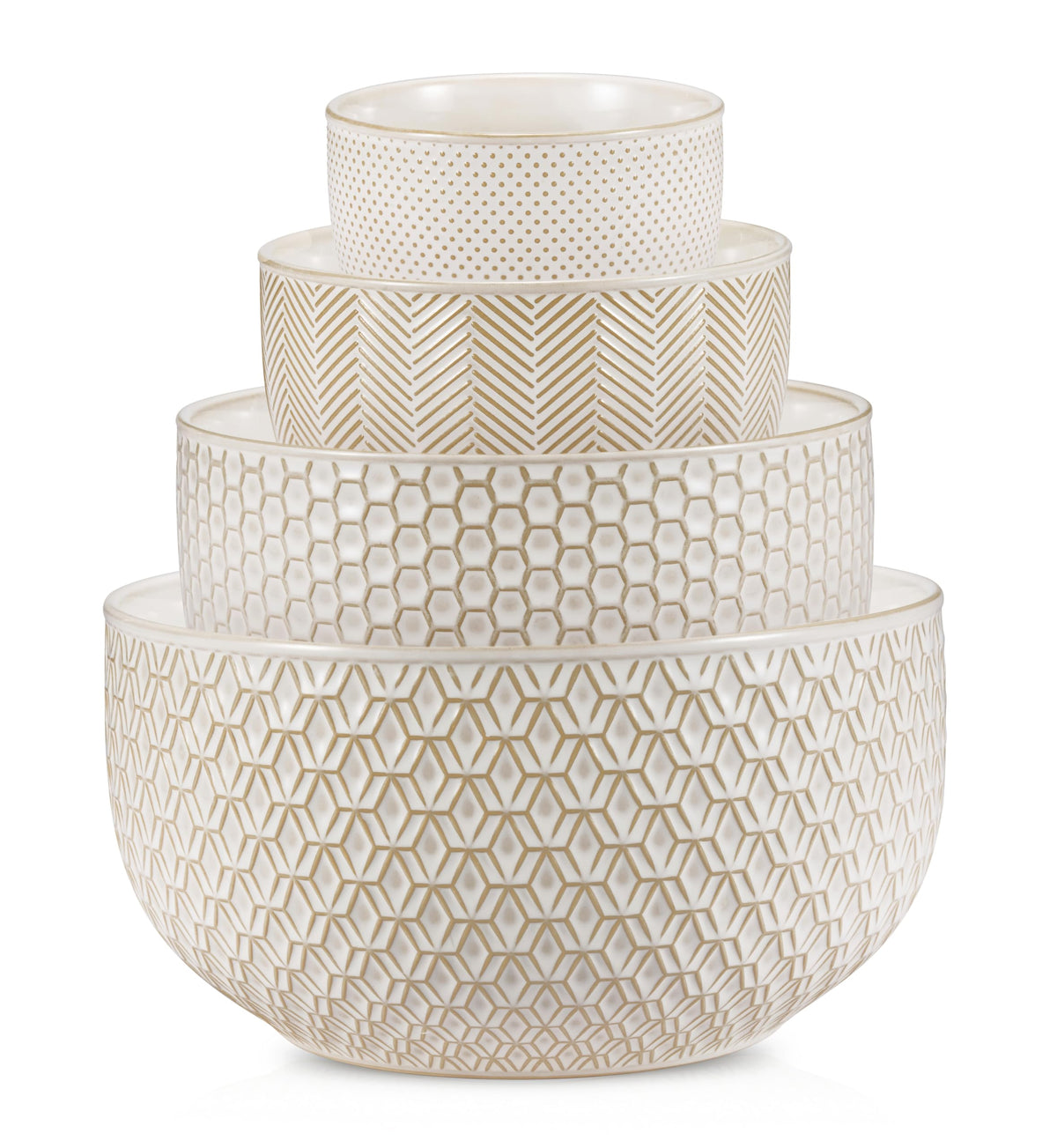 KooK Ceramic Nesting Bowls, Embossed Stoneware, Set of 4, Ivory