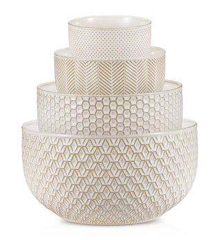 KooK Ceramic Nesting Bowls, Embossed Stoneware, Set of 4, Ivory