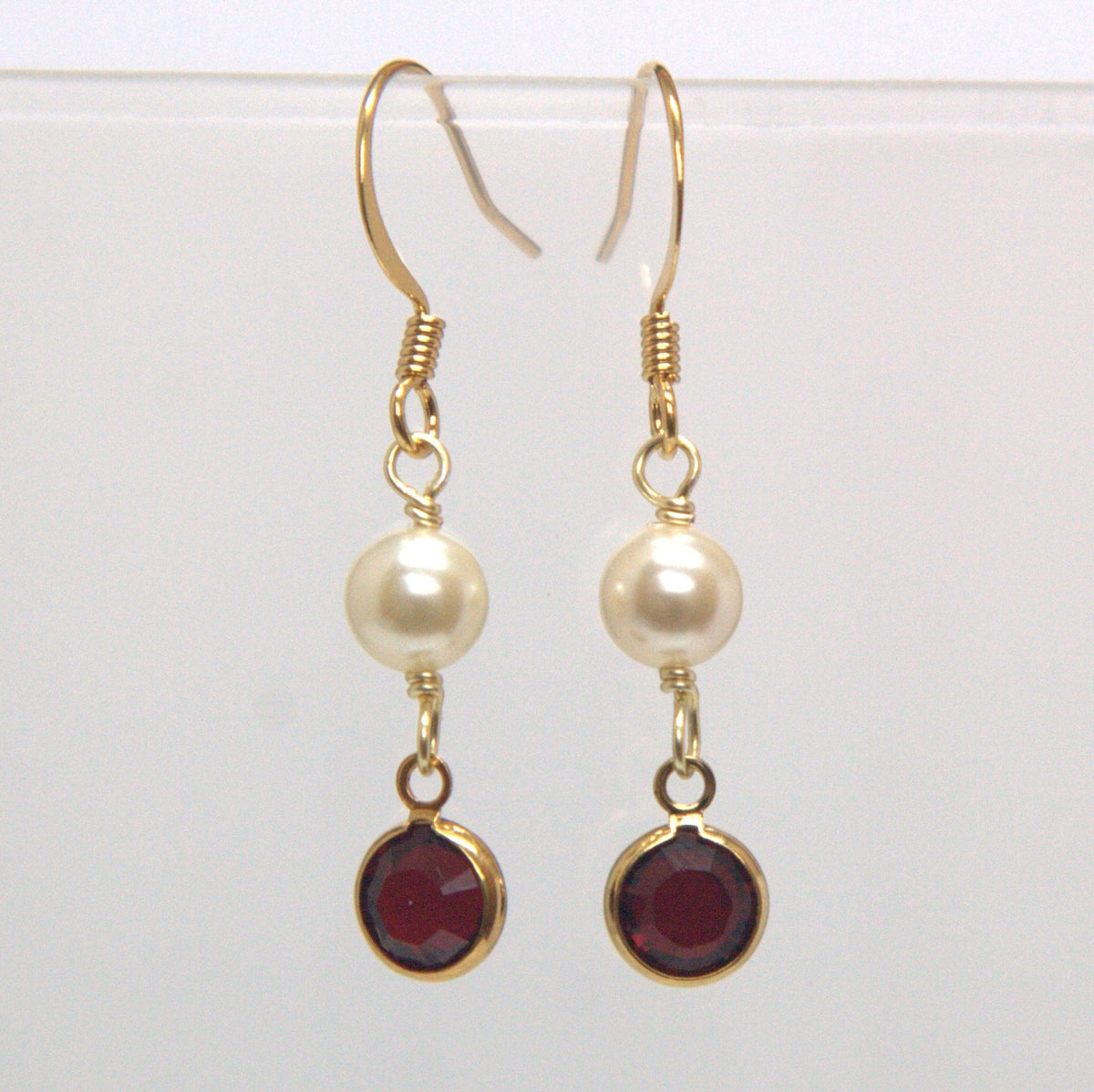 Crystal Channel Drop Dangle Earring - Siam Red Color by Martiana Jewelry – 1 inch, Crystal, Pearl, Gold Tone Ear Hook, Siam Red Color, Model MJ-E109