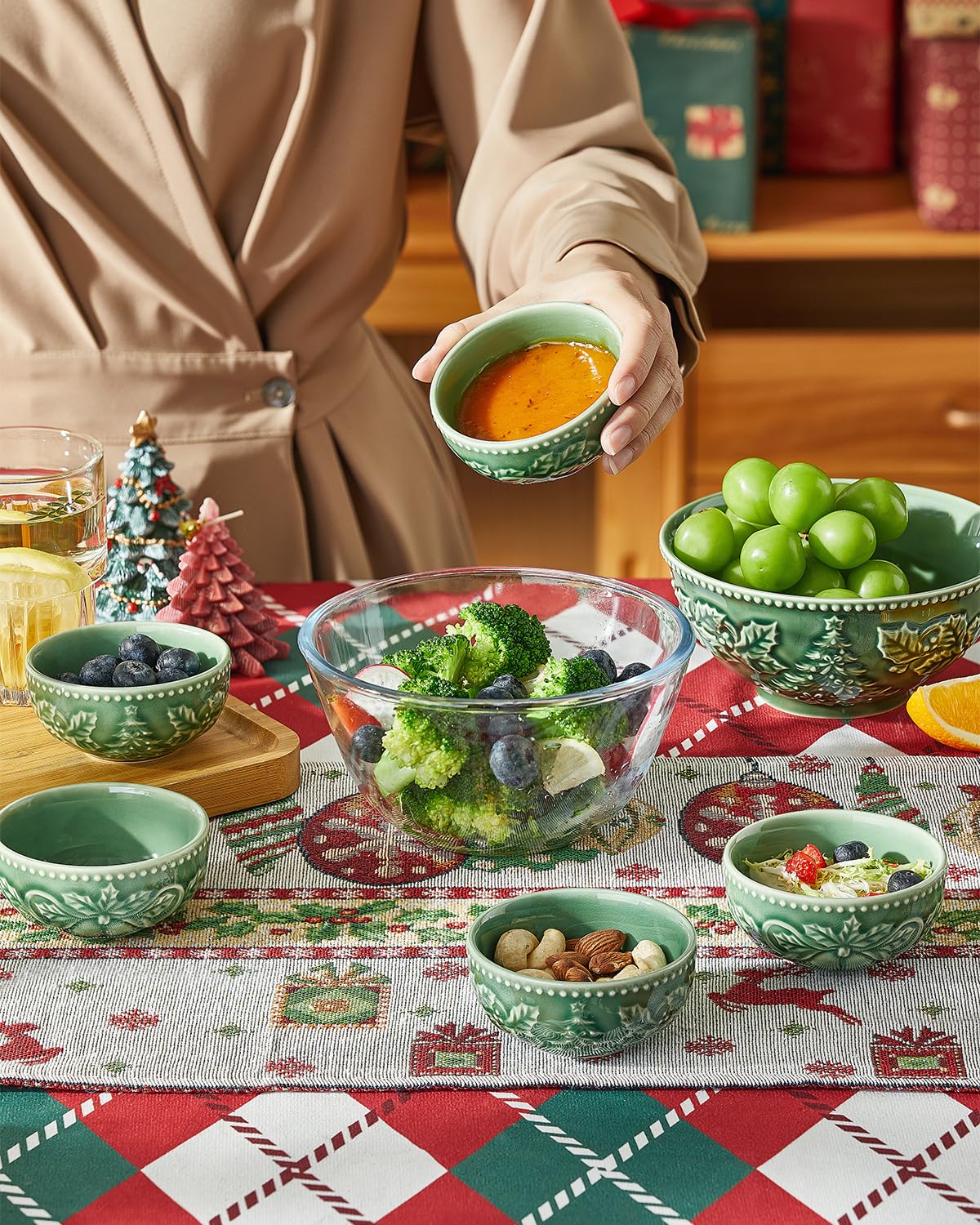 Metahom Christmas Dipping Bowls, Ceramic Set of 6, 3.5 Inch Green
