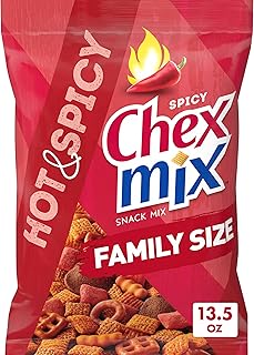 Chex Mix Hot & Spicy Snack Mix, Savory Snack Bag, Family Size, 13.5 oz | Corn & Hot & Spicy Chex, Rye Chips, Round & Square Pretzels, Breadsticks, 50% Less Fat than Regular Potato Chips