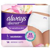 Discreet for Sensitive Skin Underwear, L Maximum Plus, 14 Count by Always – Large, Polyethylene, White