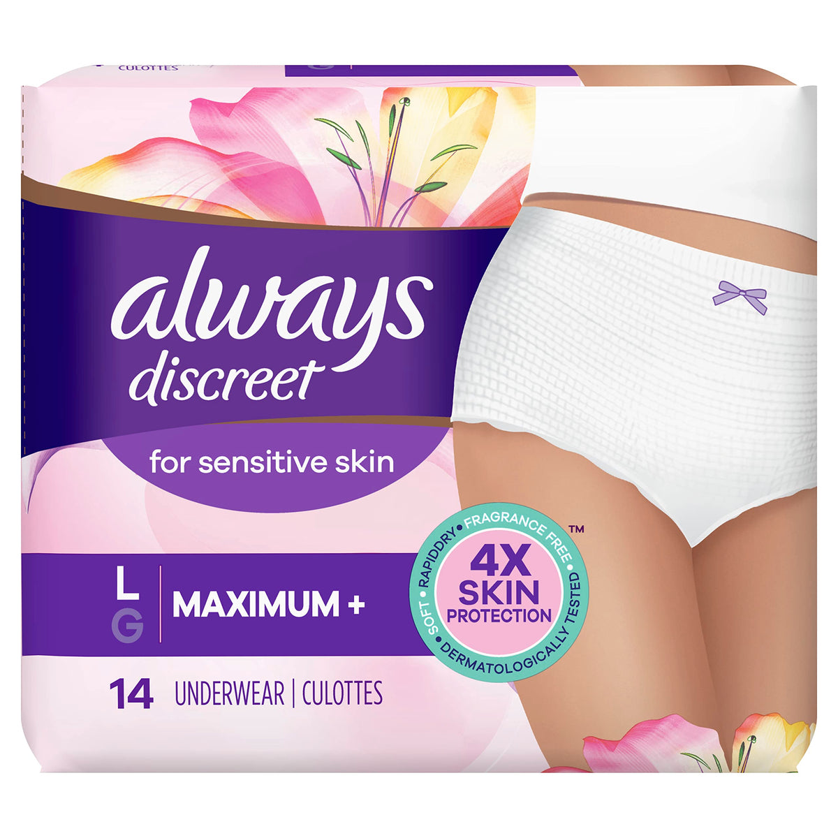 Discreet for Sensitive Skin Underwear, L Maximum Plus, 14 Count by Always – Large, Polyethylene, White