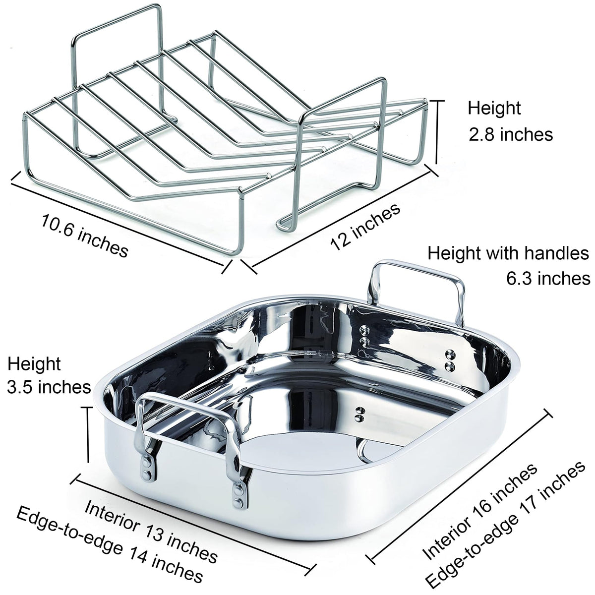 Cooks Standard Classic Stainless Steel Roaster Pan with Rack, 16 x 13 Inch, Silver