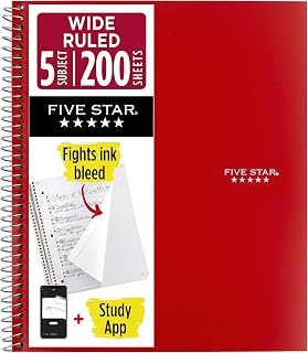 Five Star Spiral Notebook + Study App, 5 Subject, Wide Ruled Paper, 8" x 10-1/2", 200 Sheets, Fights Ink Bleed, Water Resistant Cover, Fire Red (72041)