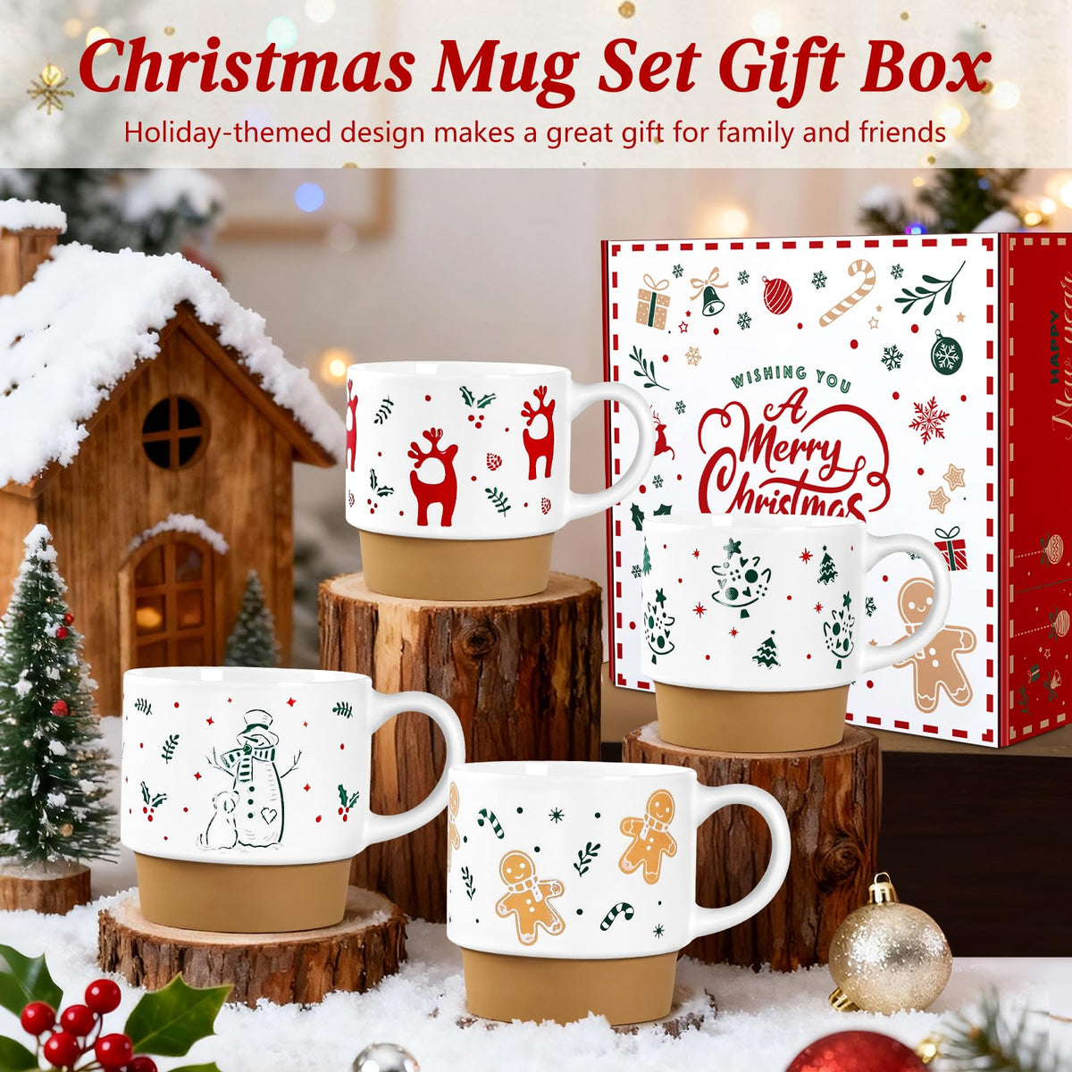 Qiksion Christmas Mugs, 16 Ounce Ceramic Set of 4, Red Green