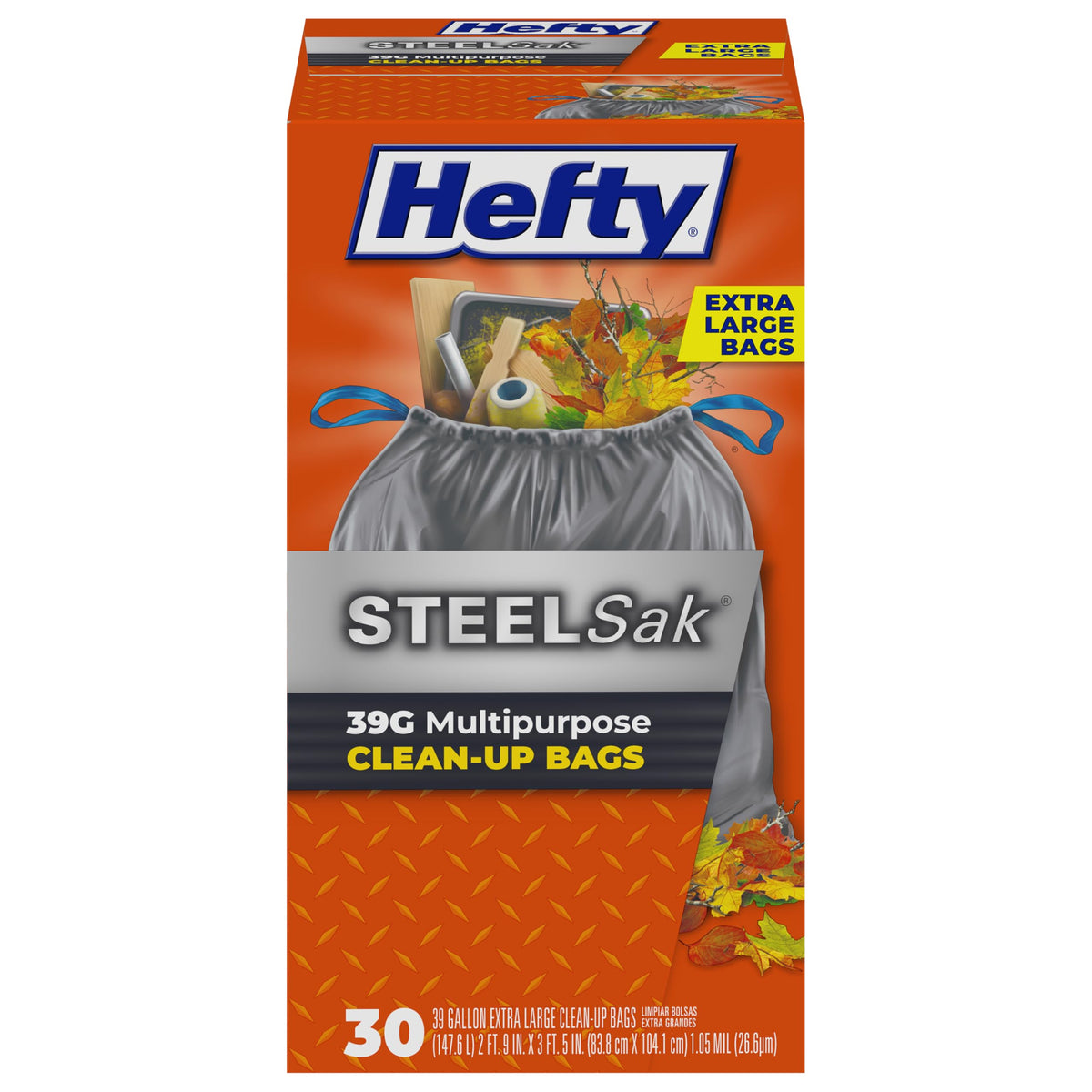 Steelsak Heavy Duty 39 Gallon Trash Bags by Hefty – 30 Count (Pack of 1), 39.0 gallons, Plastic, Gray, Model 00E88682
