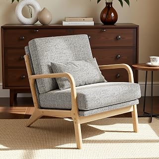 Mid-Century Modern Accent Chair, Living Room Armchair with Solid Wood Frame & Lumbar Pillow, Comfy Upholstered Lounge Chair for Bedroom, Office, Linen-Like Fabric, Dark Gray
