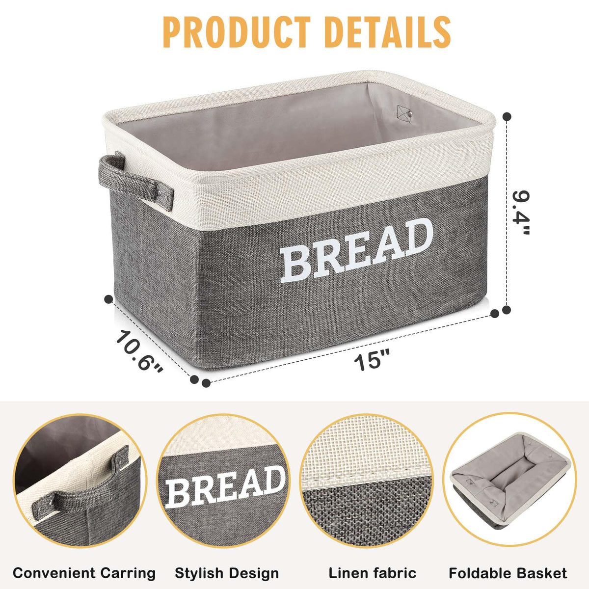 Lukeline Fabric Bread Basket, Foldable Linen Bin with Handles, White and Grey