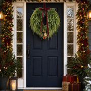APUDWN Norfolk Pine Wreath, 24 Inch Diameter, Green with Burgundy Bow