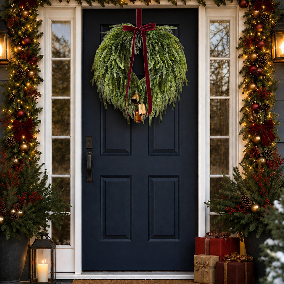 APUDWN Norfolk Pine Wreath, 24 Inch Diameter, Green with Burgundy Bow