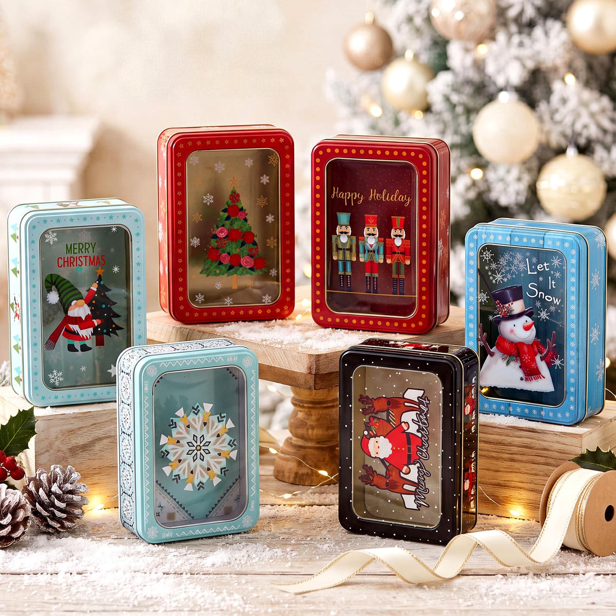 Landhoow Christmas Cookie Tins, 6 Pack, Multicolor Style 2