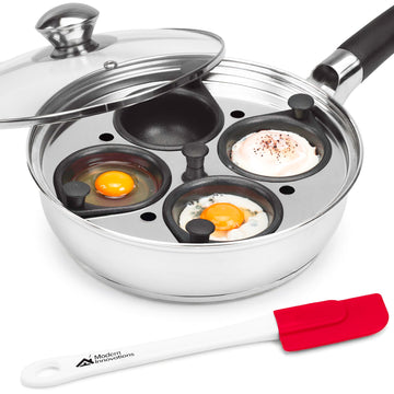 Egg Poacher Pan for Perfect Poached Eggs by Modern Innovations – 4 Egg Cups Pan, 45.0 milliliters, Stainless Steel, Glass, Teflon, Silicone, Silver, Model MI 1085 b