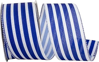 Reliant Ribbon Striped Linen Wired Edge, Royal/White, 2-1/2 Inch, 10 Yards