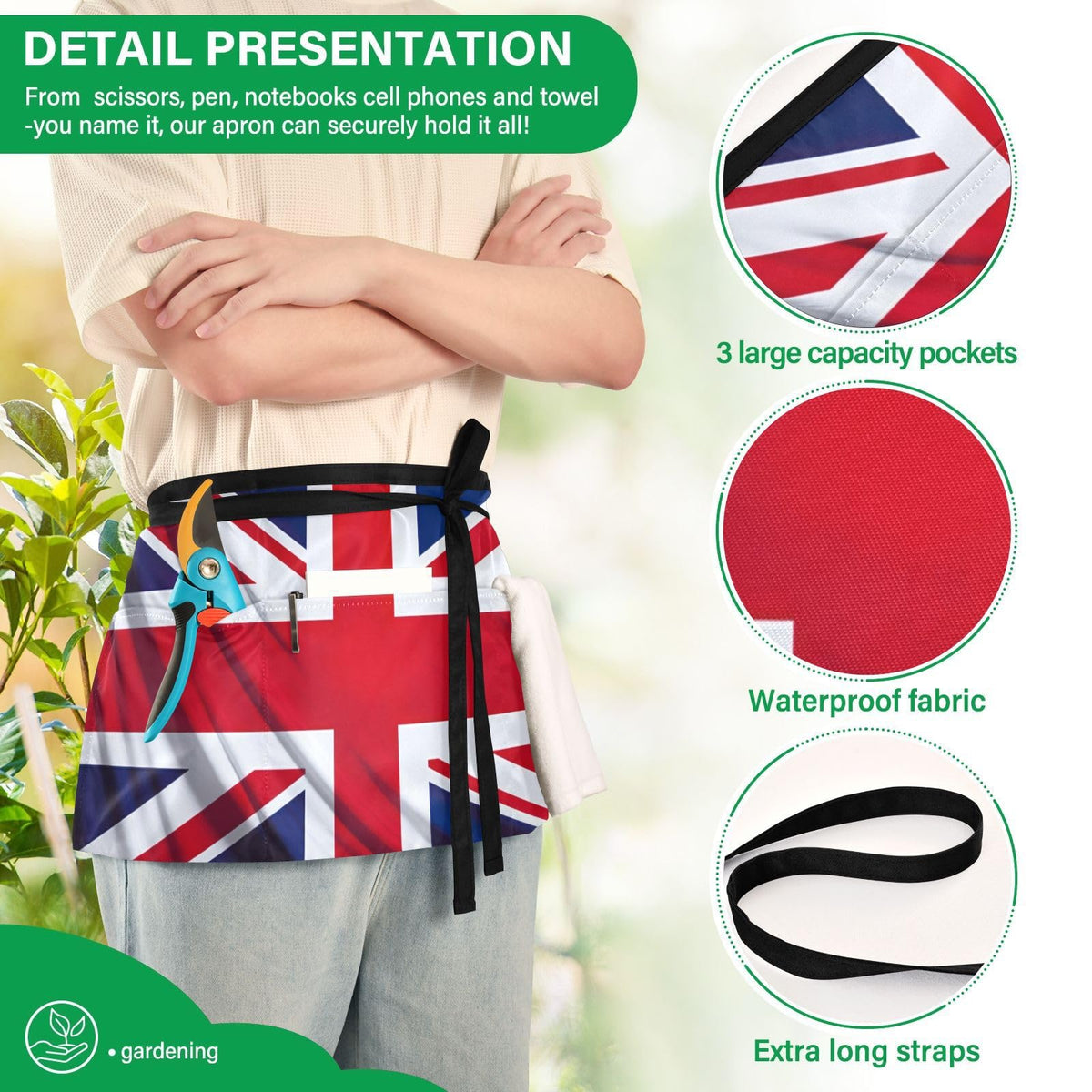 British Flag 3-Pocket Server Apron Professional Waist Apron for Waitress by SDMKA – 25.2" x 11.8", Polyester, A156, Model g446988178p1023c1088s2479