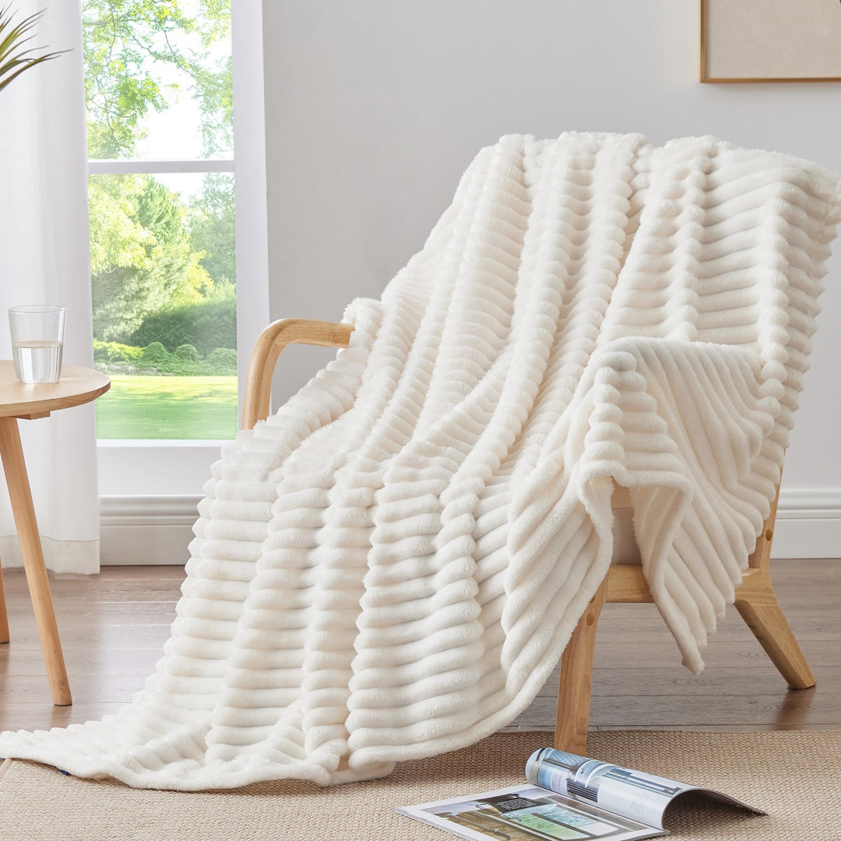 Bedelite Fleece Throw Blanket, Ribbed Texture, Cream Throw 50x60