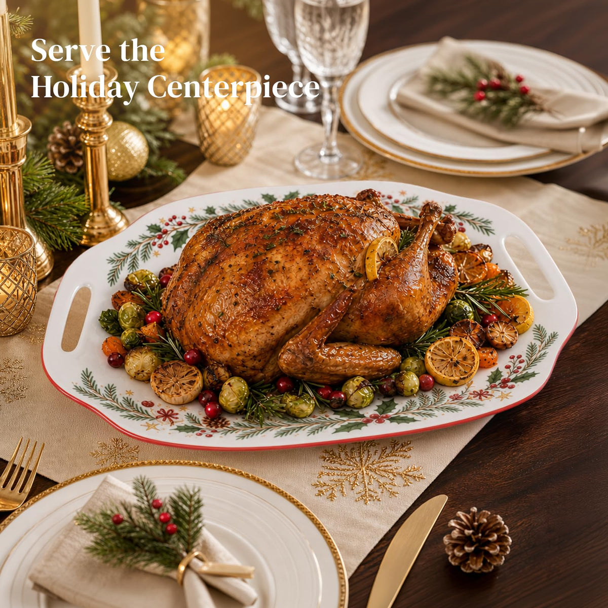 DOWAN Ceramic Serving Platter, 16.5 Inch Rectangular with Handles, White Christmas