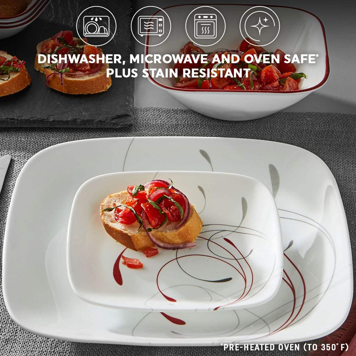 Square Splendor 12-Piece Dinnerware Set by Corelle – Glass, Gray, Pack of 12