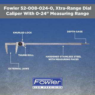 Xtra-Range Dial Caliper With 0-24" Measuring Range, Black by Fowler – 24" Maximum Measuring, 0.001" Graduation Interval, Stainless Steel, Black, Model 52-008-024-0