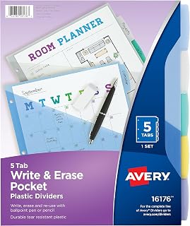 Avery Write & Erase Pocket Plastic Dividers, 5-Tab, Multicolor, 1 Set