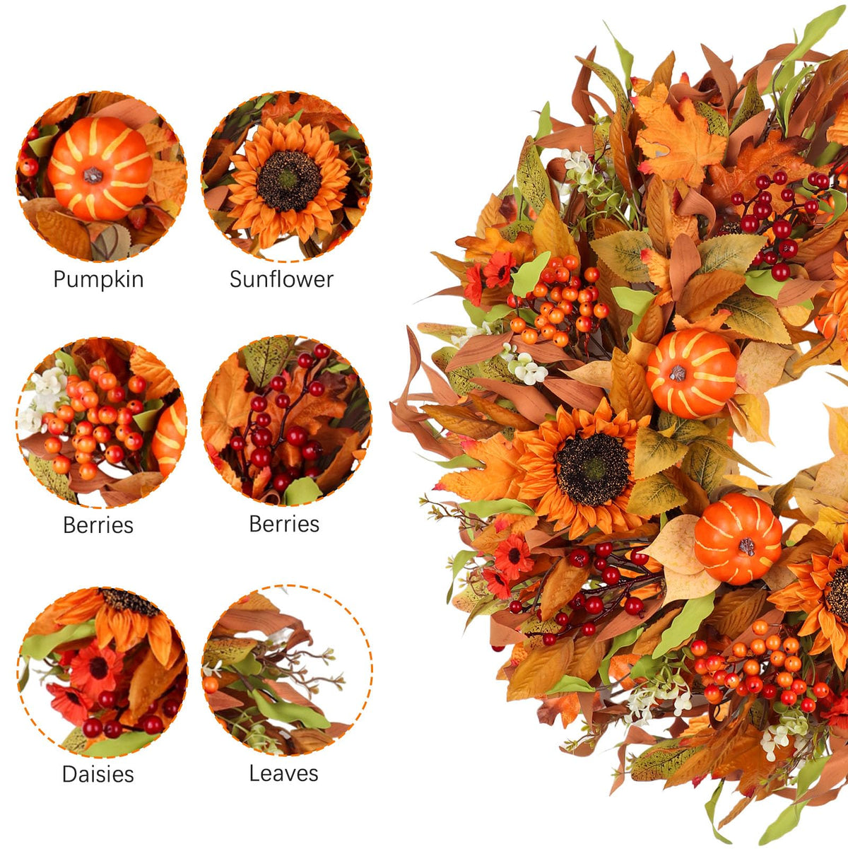 Hey Beky Harvest Wreath, 24 Inch Diameter, Autumn Orange