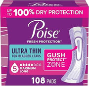 Poise Ultra Thin Incontinence Pads for Women, 5 Drop, Long, 108 ct