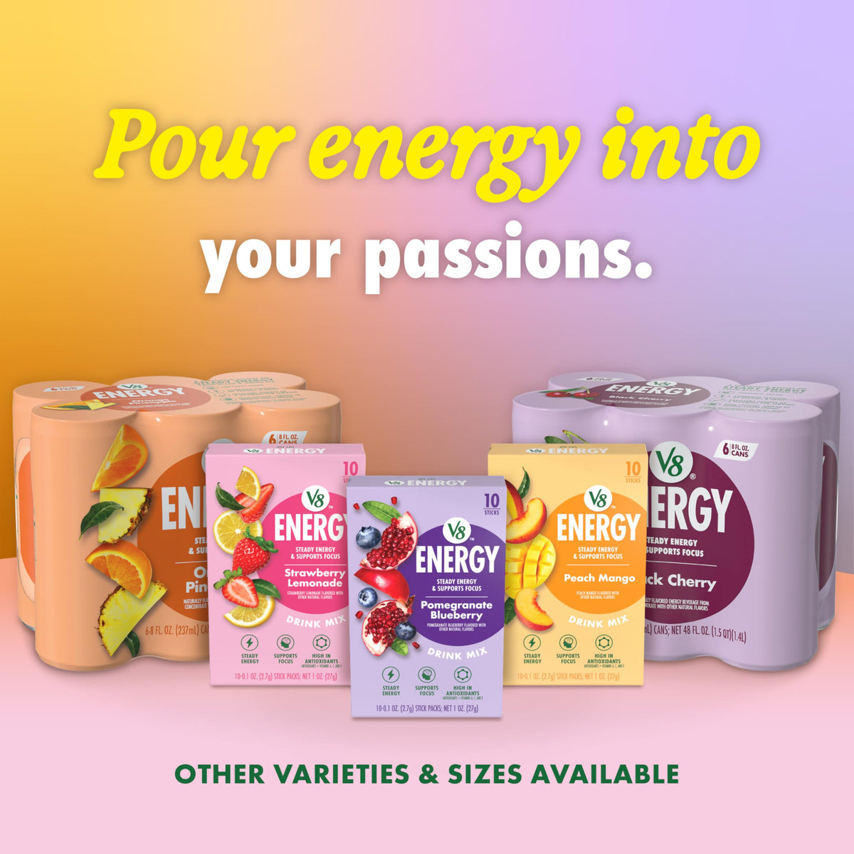 Energy Black Cherry and Pomegranate Blueberry Energy Drinks by V8 – Pack of 24 (8 Fl Oz), Variety Pack, Black Cherry & Pomegranate Blueberry, Model 200000027238