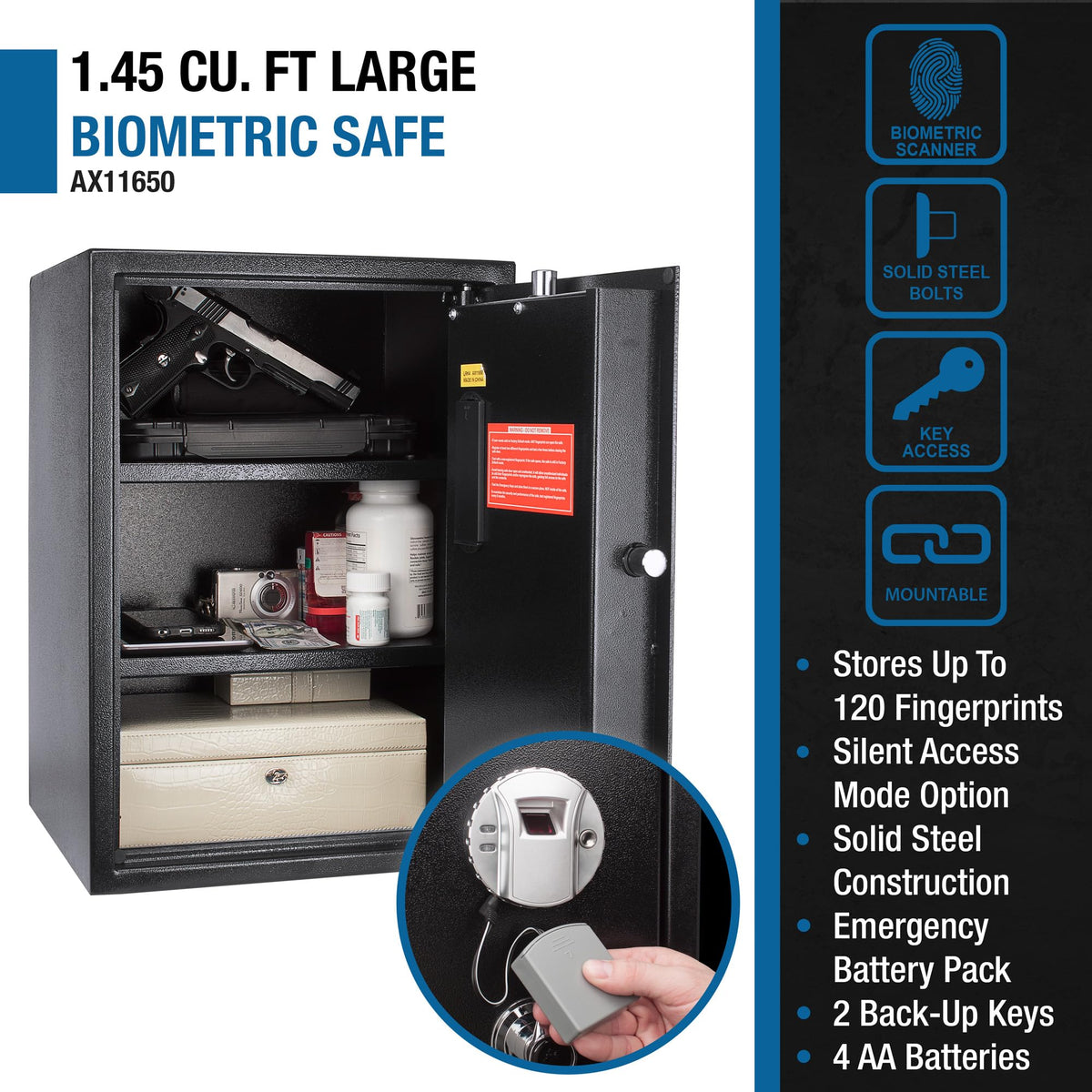 Biometric Fingerprint Safe by Barska – 1.45 CU FT, 1.45 cubic_feet, Alloy Steel, Black, Model AX11650