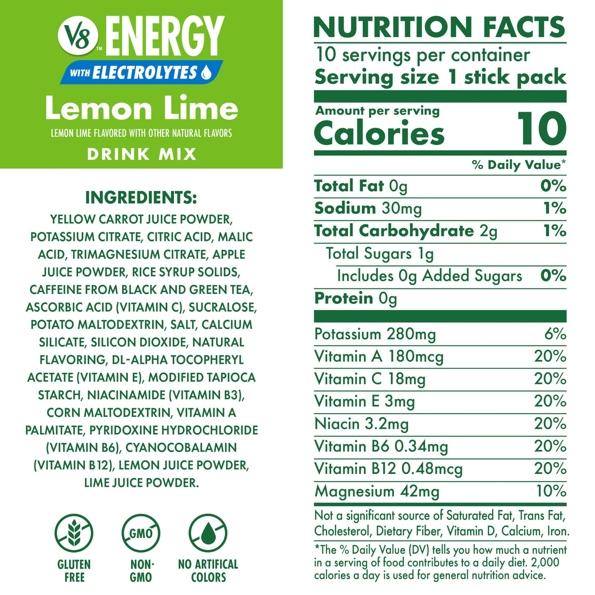 Energy Lemon Lime Energy Drink Powder by V8 – Pack of 120 (0.14 Ounce), Model 200000029725