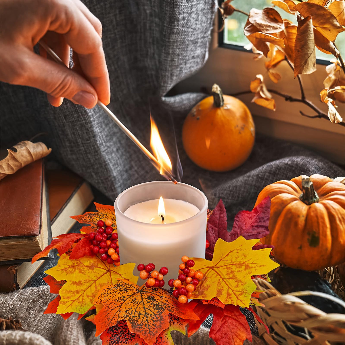 Winlyn Artificial Maple Leaf Candle Rings, 11 Inch Diameter, Set of 4