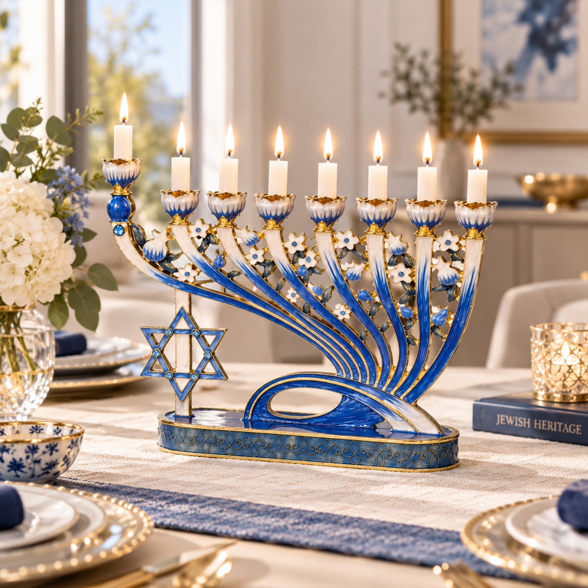 Matashi Hand Painted Menorah, Pewter with Blue Enamel and Crystals